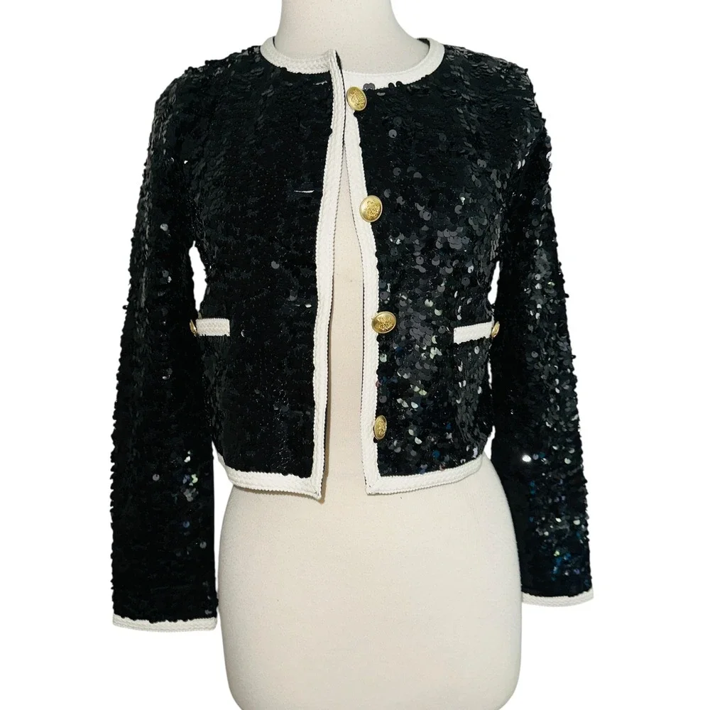 ND1 J. Crew Sequin Jacket Cropped Black‎ Gold Button White Trim Party Coat XS